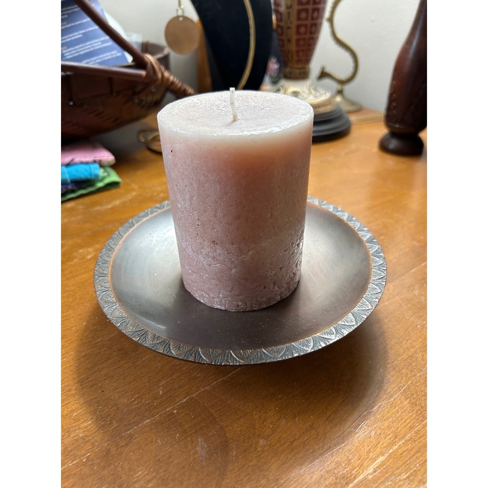Vintage Copper Candle Holder Plate India with White Barn Butternut Spice Candle